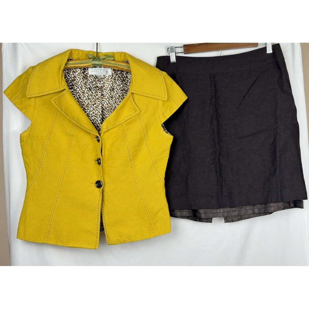 Tahari Arthur S Levine Skirt Suit 8P Yellow Linen Blazer Brown Skirt Leopard Set